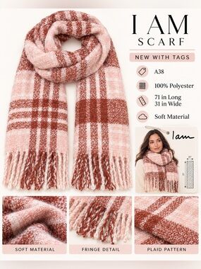 I AM PLAID OVERSIZED SCARF – RUST MULTI (NEW WITH TAGS) A38